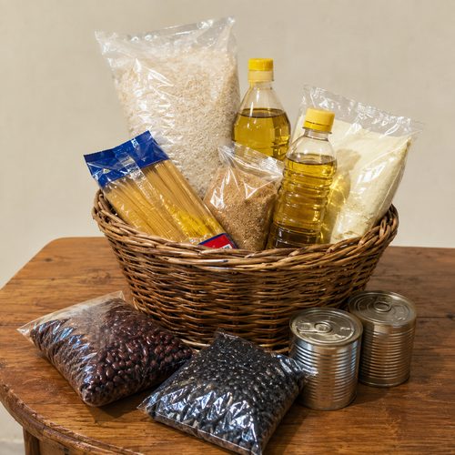 La canasta armada sobre la mesa: arroz, aceite, frijoles y pasta