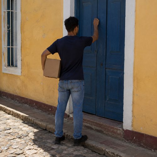 El mensajero toca la puerta azul con la caja del pedido